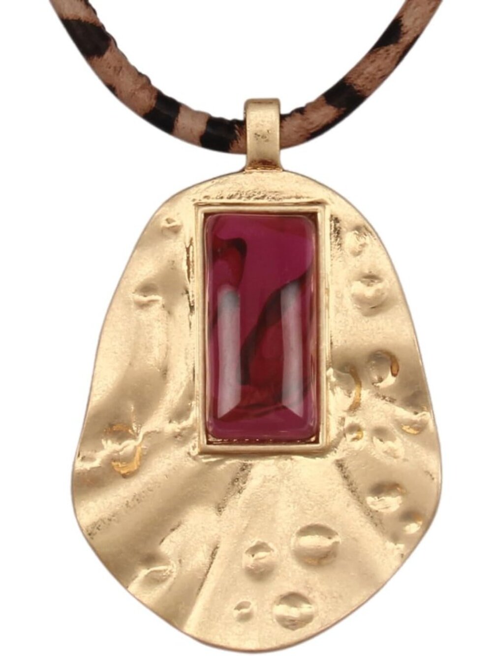 Women's Boho Gold Textured Pendant Necklace Red Resin Leopard Print Choker